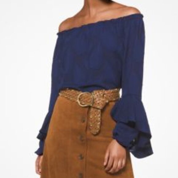 MICHAEL Michael Kors Navy Blue Leaf Jacquard Off-The-Shoulder Blouse (Size L) - Picture 1 of 16